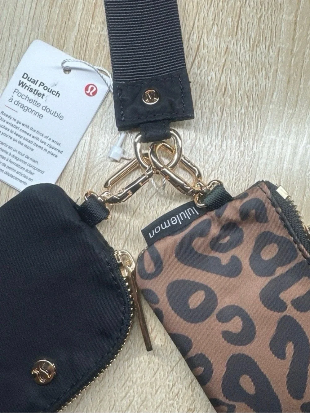 lululemon athletica Dual Pouch Wristlet in Brown Leopard Print with Black Strap